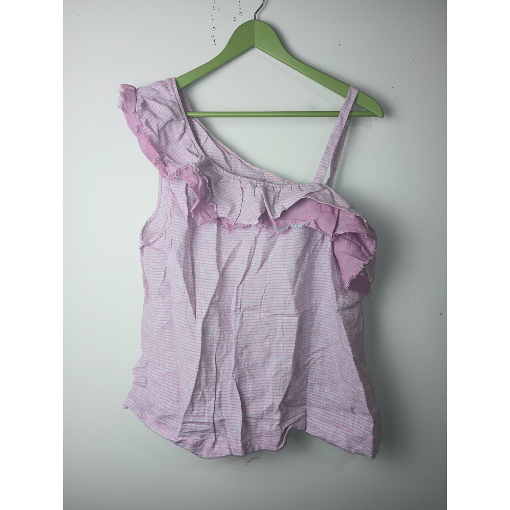 Holding Horses Anthropologie Pink Striped Linen One Shoulder Ruffle‎ Top LP